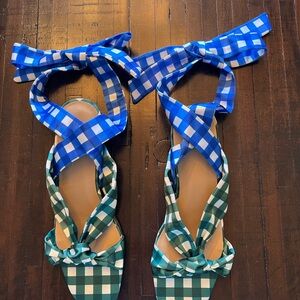 Ann Taylor Gingham Tie-Ankle Flat Sandals in Blue and Green